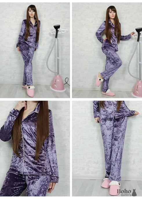 Pijama bohemio de terciopelo morado.